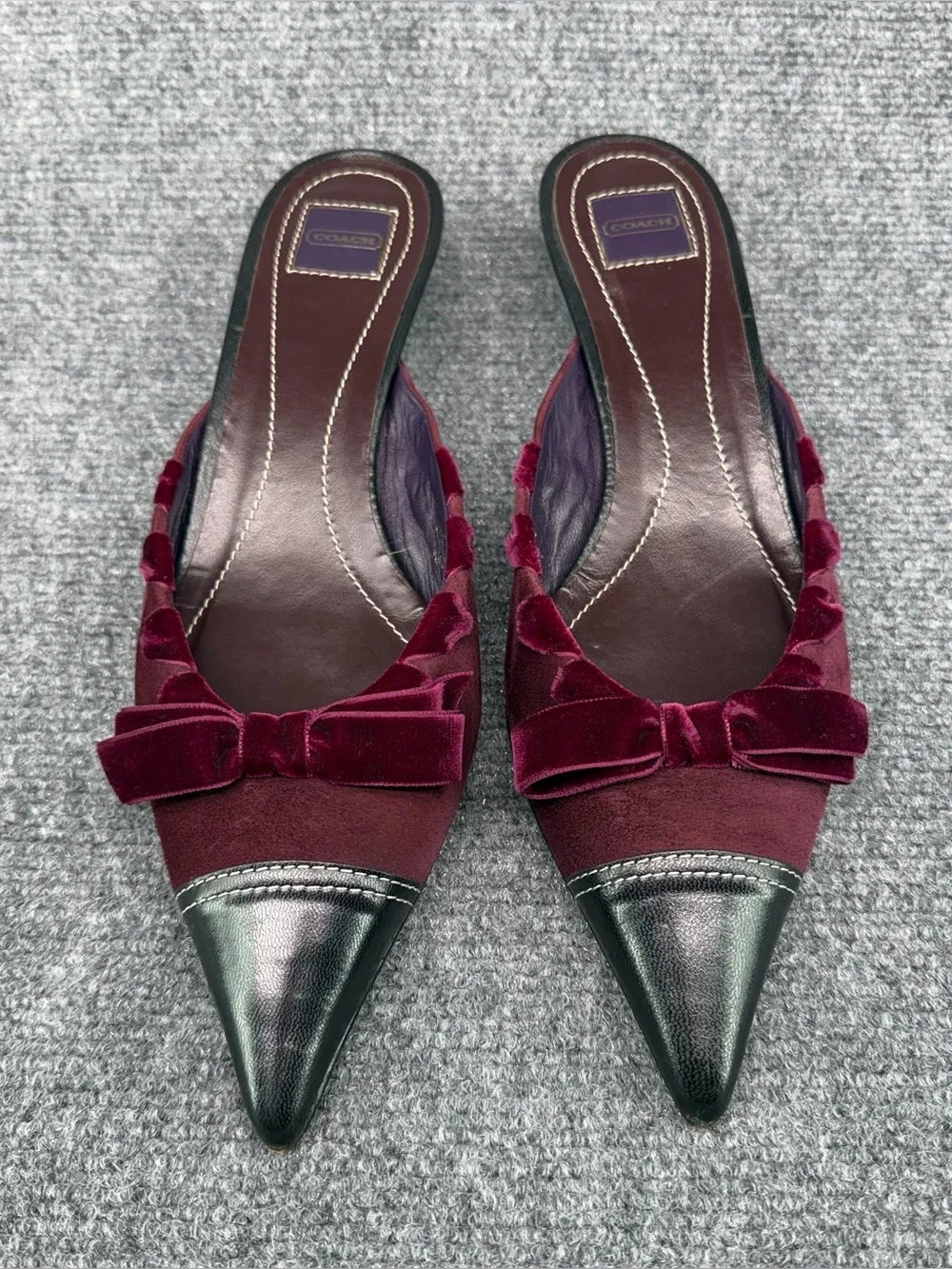 VTG COACH Kitten Heel Mules Burgundy Suede Black Leather 9B